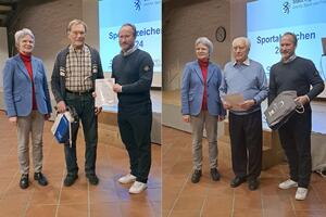 Bild vergrößern: Bürgermeisterin Dr. Dorothea Deneke-Stoll und BLSV-Kreisvorsitzender Tobias Nixdorf ehren Lorenz Oppl (Mitte, Foto rechts) sowie Horst Ullrich (Mitte, Foto links).