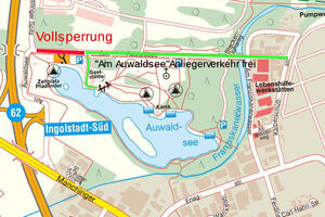 Bild vergrößern: Ab der KW 22 wird der östliche Teil der Straße Am Auwaldsee saniert, dann können Gasthaus und Campingplatz nur noch von Westen her angefahren werden