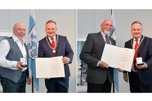 Bild vergrößern: Kurt Scheuerer (linkes Bild) und Hans Fegert erhielten die Simon-Mayr-Medaille der Stadt